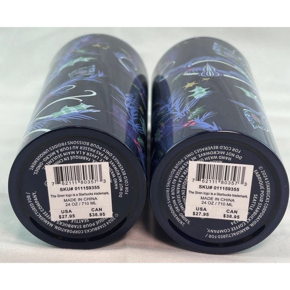 Lot Of 2 -Starbucks Holiday Christmas Tumbler Blue Ornaments 2024 Straw 24 oz - Picture 3 of 8